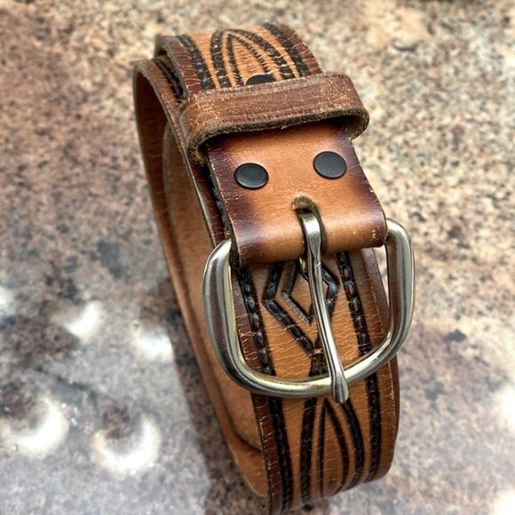 Genuine Leather Belt Brown Cognac Tulled silver buckle distressed Mexico - Picture 2 of 10